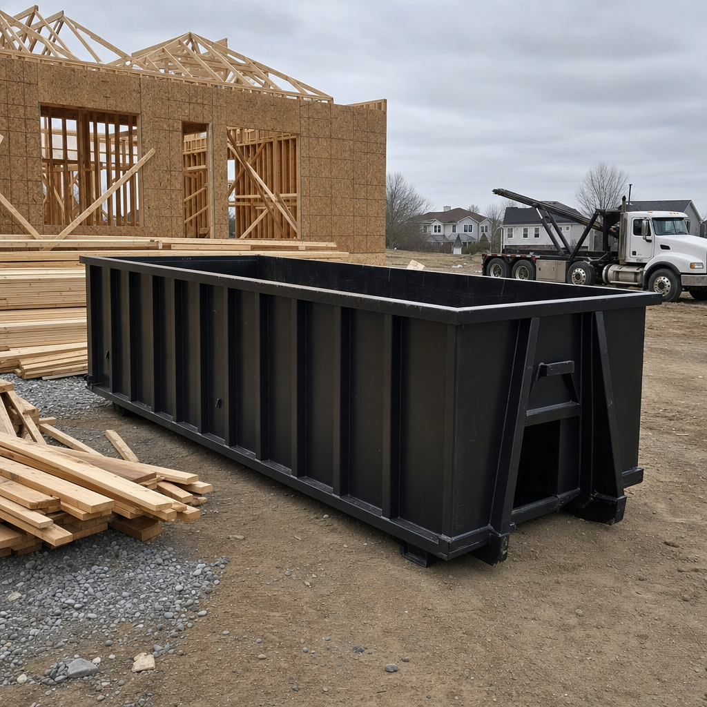 Matte-black 40-yard roll-off dumpster staged on a framed-out residential construction site in Lancaster, framing lumber stacked nearby, hooklift delivery truck visible in the background under bright Colorado daylight