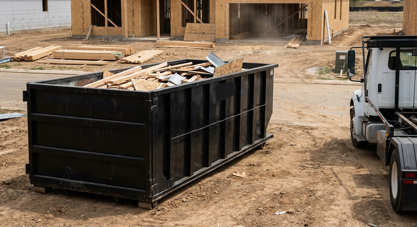 Matte-black 20-yard roll-off construction dumpster with heavy ribbed steel sidewalls and swing rear doors at a working jobsite in Lancaster, sitting directly on compacted dirt with an unmarked white hauler partially visible at the far edge of the frame.