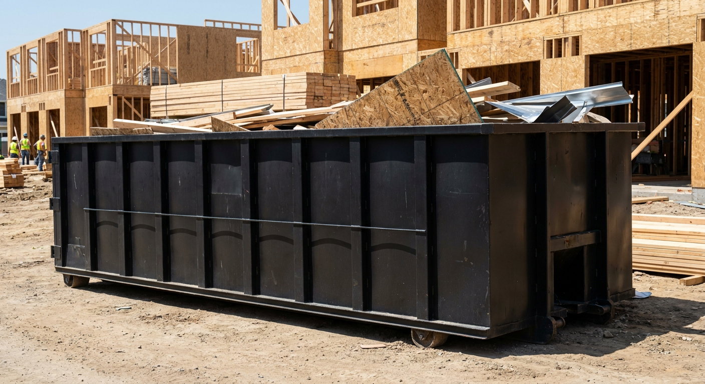 Matte-black 40-yard roll-off construction dumpster being lowered from a white-cab hooklift delivery truck onto the compacted-dirt jobsite at a commercial build site in Lancaster