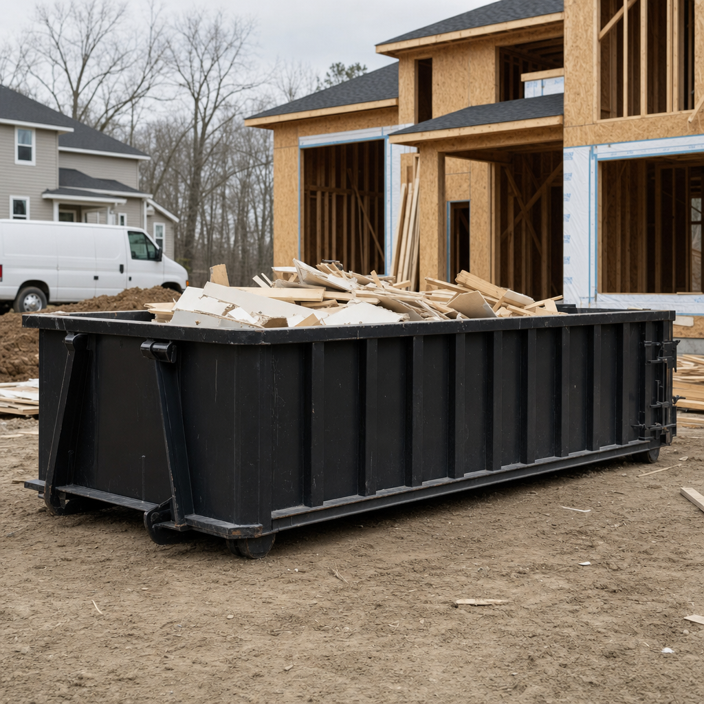 Worker in a yellow high-visibility vest tossing framing lumber and broken drywall into a matte-black 30-yard construction roll-off dumpster on an active build site in Lancaster, bright daylight