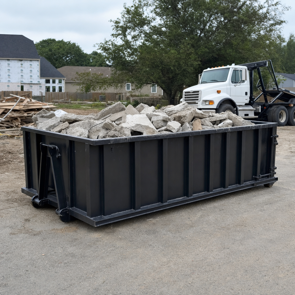 Low-profile matte-black lowboy roll-off dumpster loaded with broken concrete slab and rebar at a foundation tear-out in Lancaster, skid steer parked beside it, sunny Colorado morning