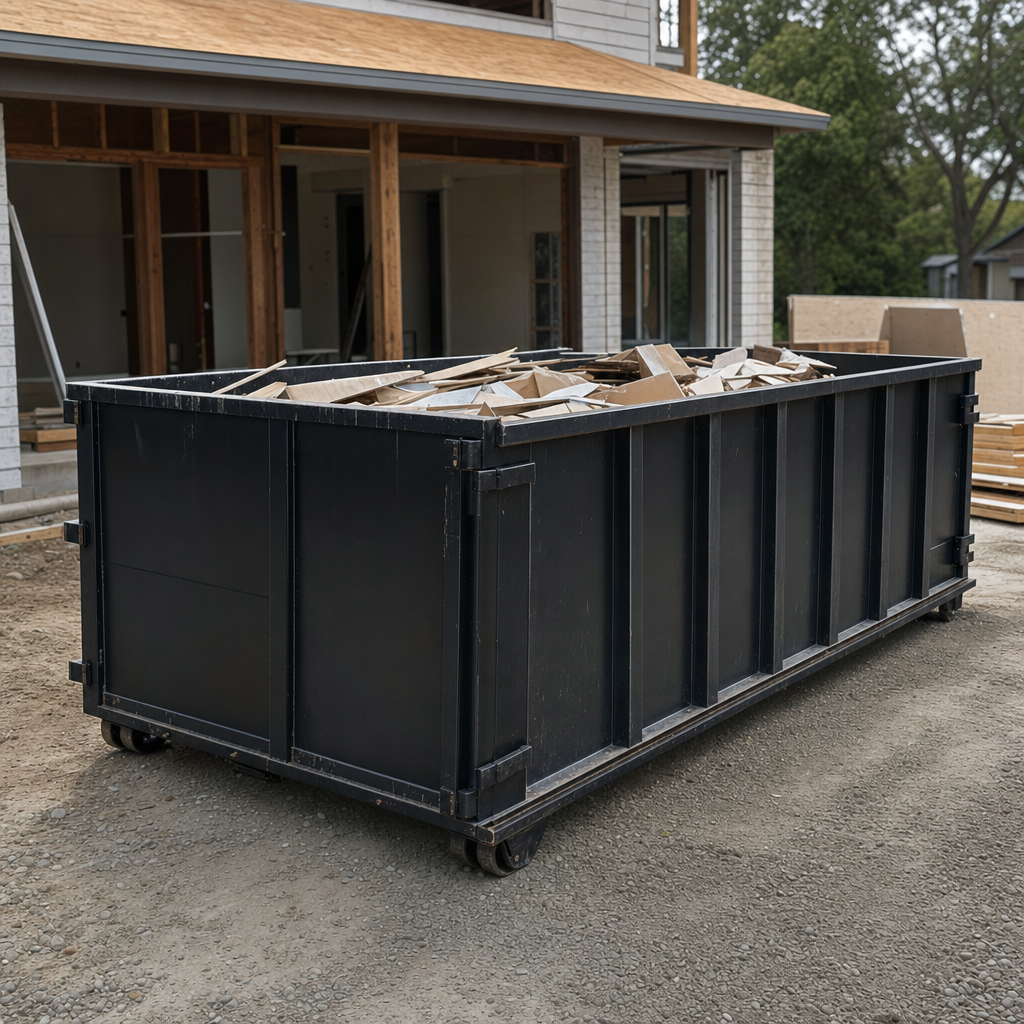 Large matte-black 30-yard construction roll-off dumpster at an active Lancaster jobsite, steel-gray top rails and bottom rollers visible, loaded with construction debris.
