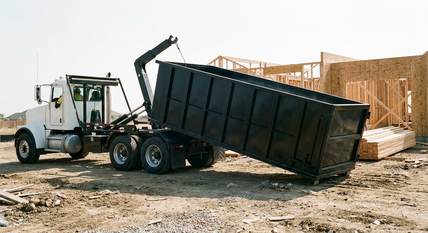 Matte-black roll-off dumpster being delivered onto a clean residential concrete driveway in Lancaster by an unmarked white hooklift hauler truck, bright morning daylight, documentary 35mm perspective.