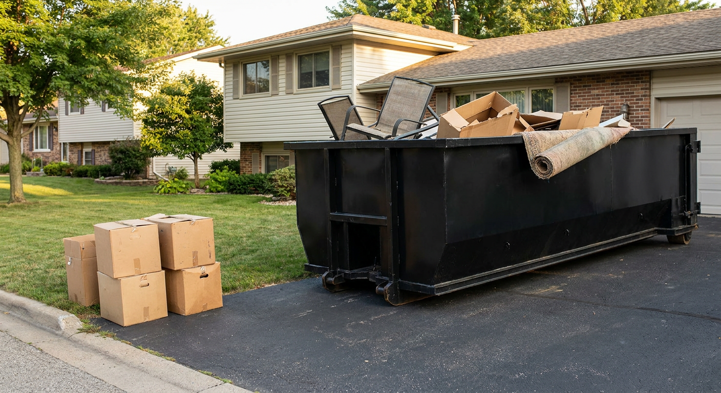 Front-yard view of a Lancaster split-level home with a 20-yard matte-black roll-off dumpster sitting directly on the asphalt driveway, a few clearly labeled donation boxes staged at the curb, calm sunny afternoon.