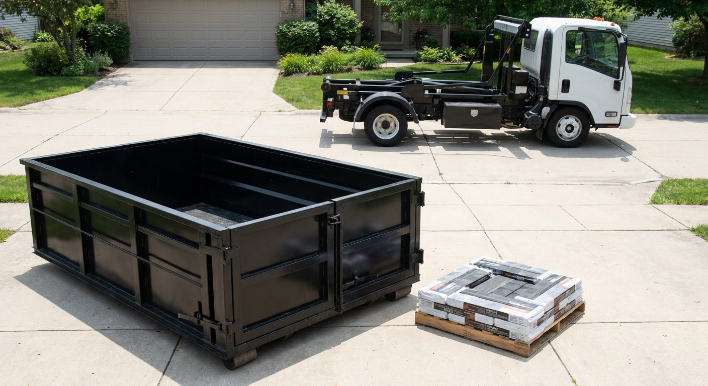 Matte-black 15-yard roofing roll-off dumpster with reinforced low side walls sitting directly on a Lancaster residential concrete driveway, three-tab asphalt shingle bundles stacked nearby, an unmarked white hauler truck partially visible at the edge of the frame.