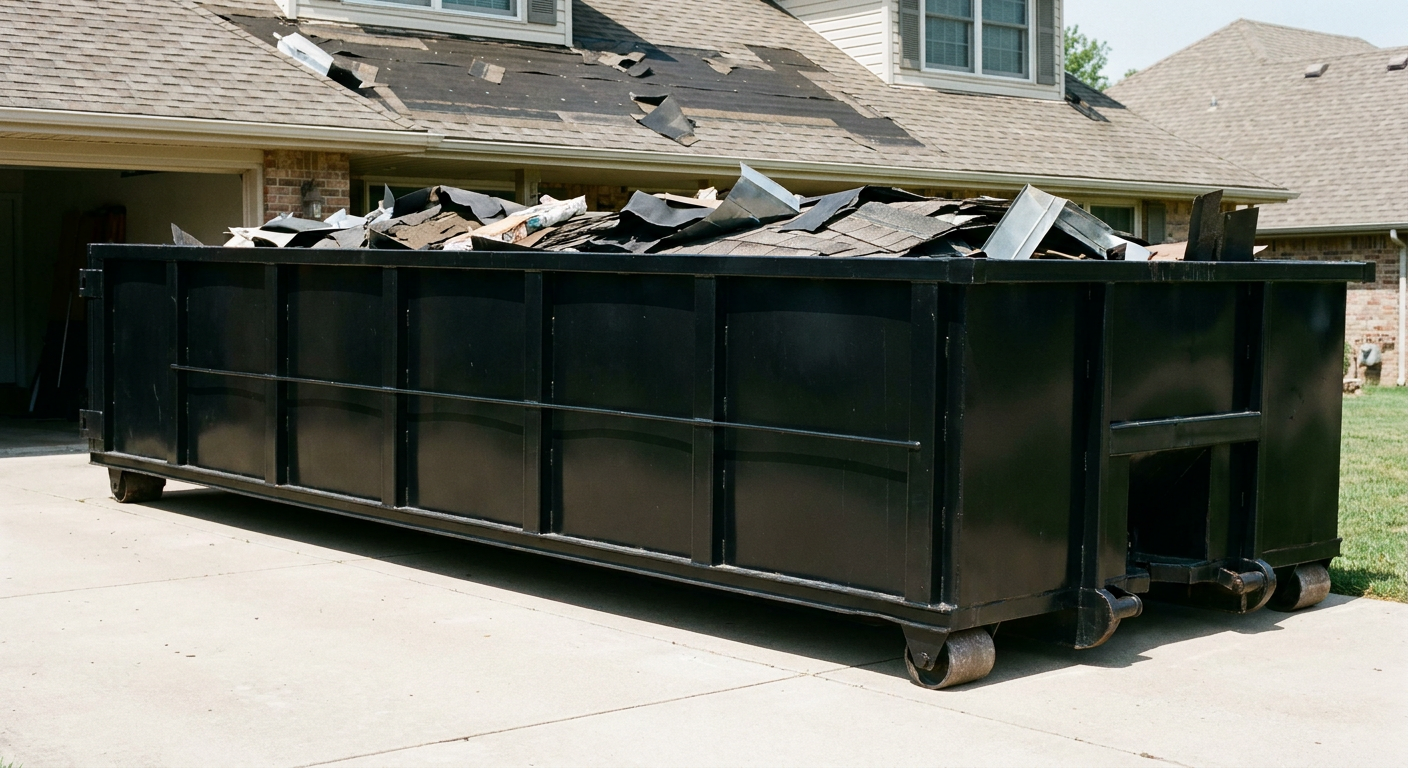 Matte-black 20-yard roofing roll-off dumpster with steel ribbed sides and swinging rear door, sitting directly on the concrete driveway of a two-story Lancaster home, asphalt shingle debris being loaded over the low wall, clean documentary lighting.