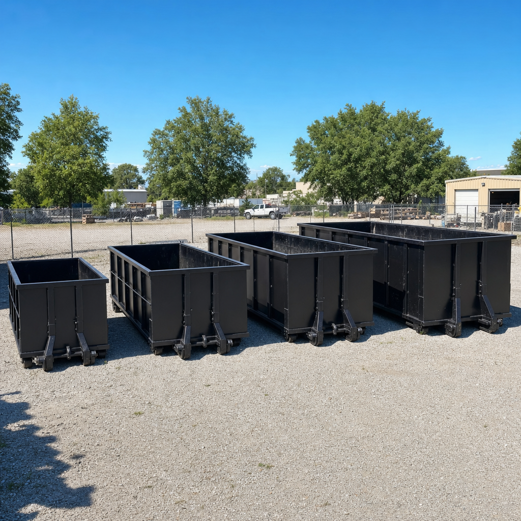 A clean lineup of matte-black roll-off dumpsters in 10, 20, 30, and 40-yard sizes staged on a sunlit gravel yard in Lancaster, showing the size progression from compact to commercial-scale containers.