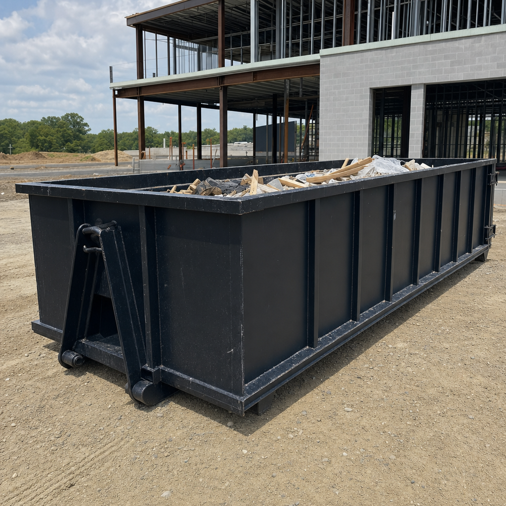 A matte-black 40-yard roll-off dumpster staged on a large Lancaster commercial construction lot, with a hooklift delivery truck parked alongside under bright midday sky.