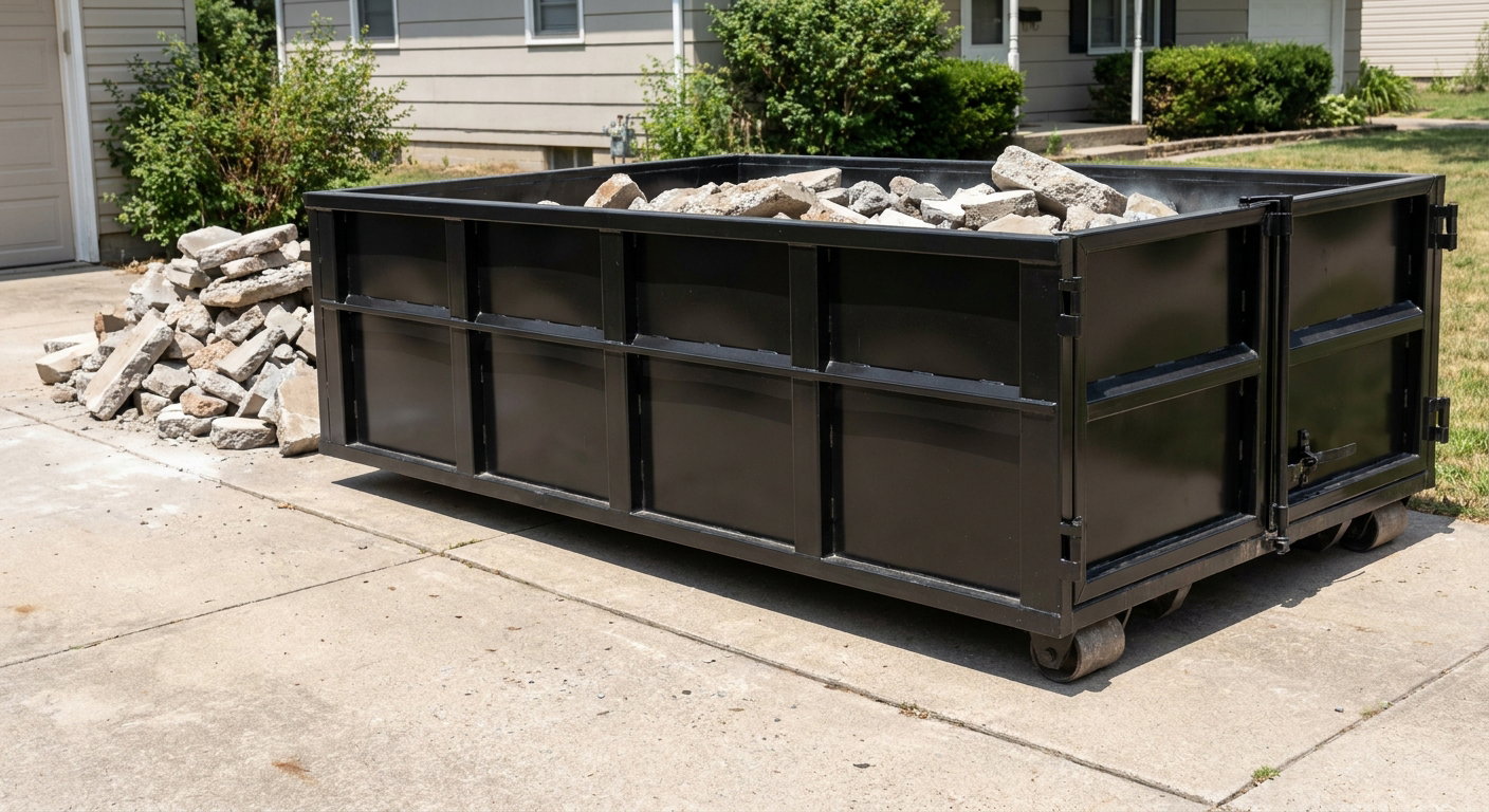 A matte-black low-side heavy-debris roll-off dumpster placed directly on a Lancaster concrete driveway, with broken concrete chunks neatly stacked beside it under clean daylight.